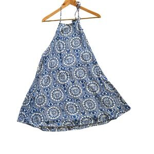 Show Me Your Mumu Blue White Medallion Halter Top Medium Boho Backless Tie Neck